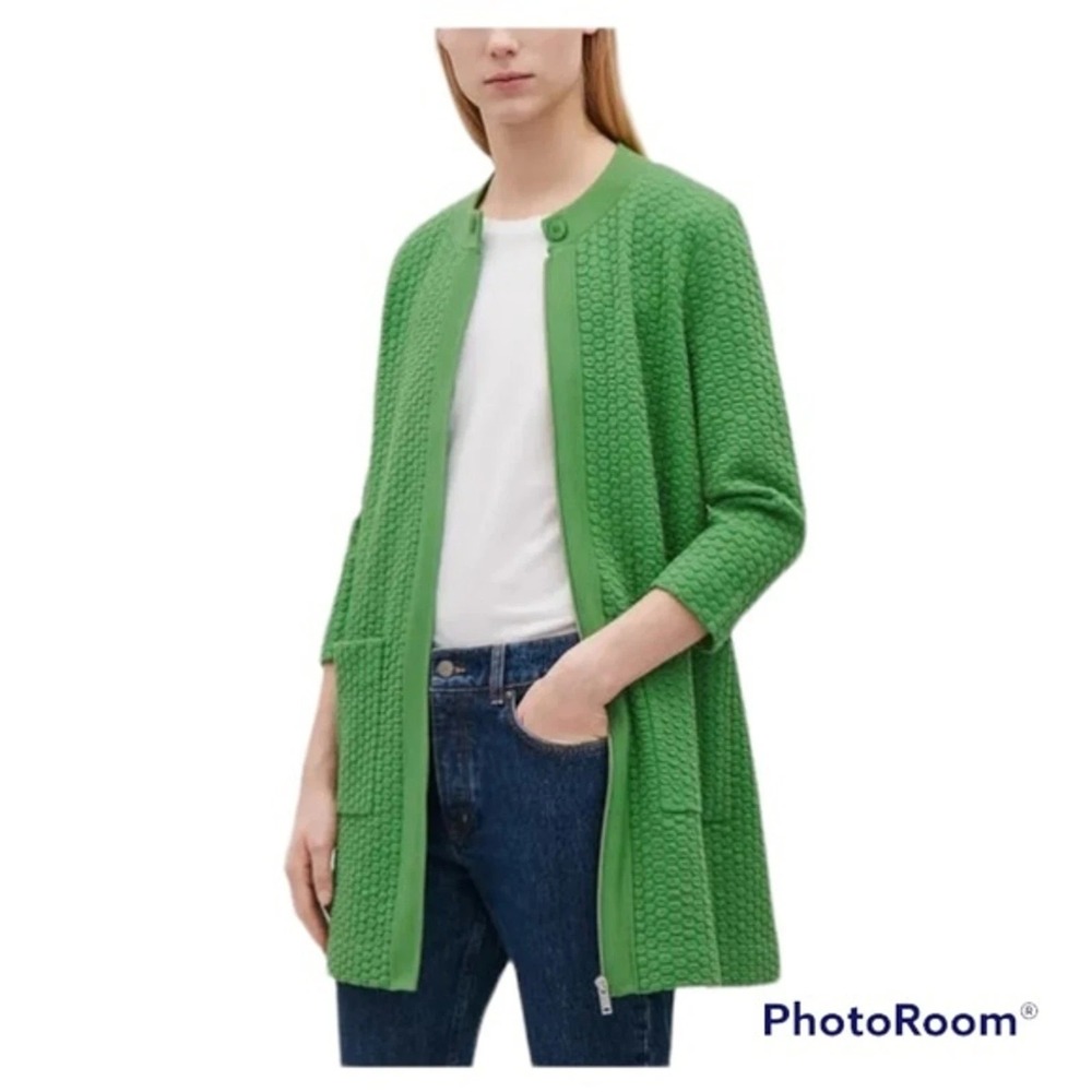 COS Textured Jacquard Knit Grass Green Long Cardigan Size XS Zipper Cotton Blend